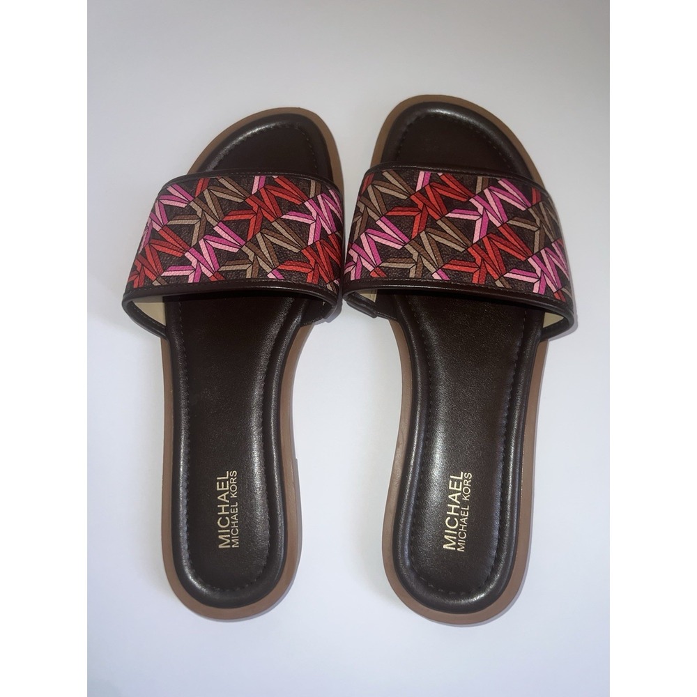 Michael Kors Logo Print Multi Color Women's Sadler Slide Sandal Sz 7.5